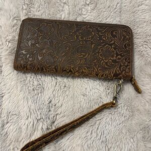 Leather Floral Embossed Brown Wristlet Wallet